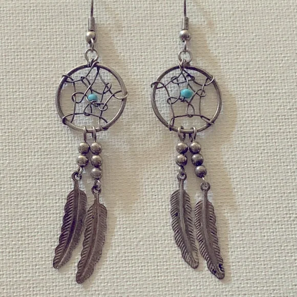 Dream Catcher Earrings Silver Tone/blue bead & dangle silver tone feathers - Picture 3 of 4